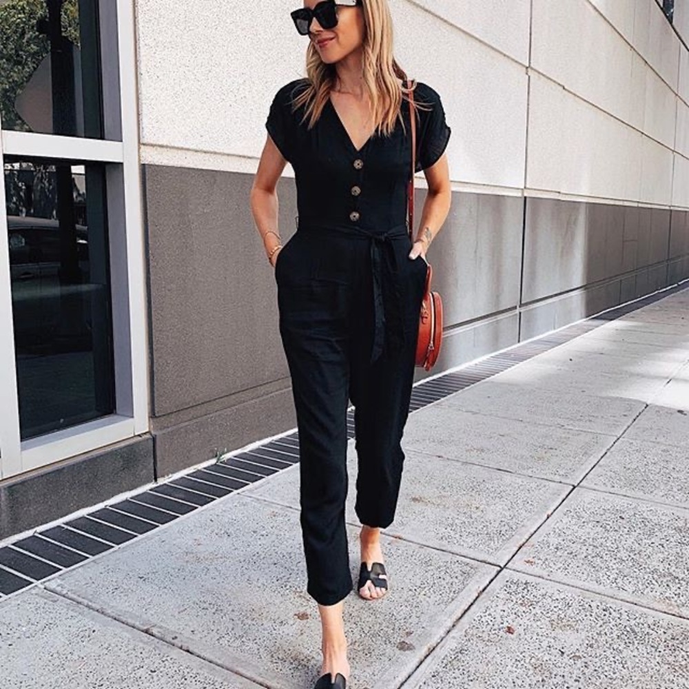 Abercrombie & Fitch Jumpsuit Black Dolman Short Sleeve Buttons Tie Waist Medium